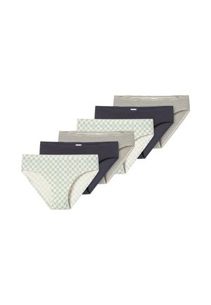 Zes damesbikini's in drie patronen: lichtgroen geruit, donkergrijs effen en beige met dunne zwarte strepen.