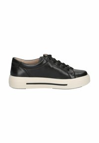 Black leather sneaker with a rounded toe, flat white sole, and black accent stripe. Features six pairs of eyelets for laces.