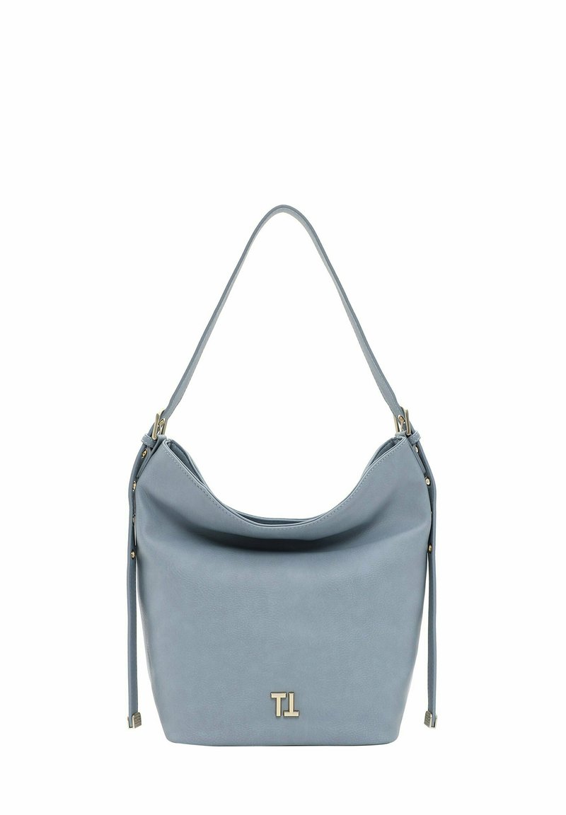 Sac à main en cuir bleu clair, de forme arrondie, avec une bandoulière unique et des accents en métal doré. Présente une finition légèrement texturée.