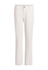 Witte, rechte broek gemaakt van textuurstof. Heeft een knoopsluiting aan de voorkant en riemlussen. Geen patronen of accenten zichtbaar.