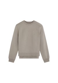 Sudadera de cuello redondo en un tono marrón claro, con mangas largas y puños acanalados, presentada de manera plana sobre un fondo blanco.
