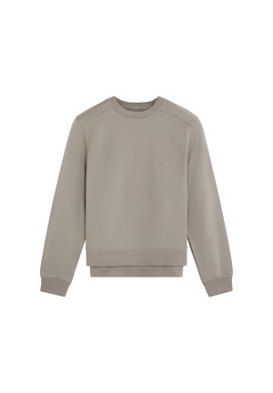 Sudadera de cuello redondo en un tono marrón claro, con mangas largas y puños acanalados, presentada de manera plana sobre un fondo blanco.