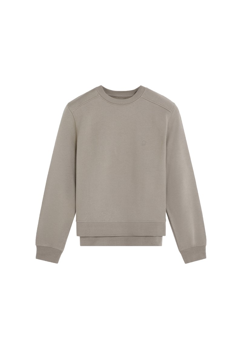 Sudadera de cuello redondo en un tono marrón claro, con mangas largas y puños acanalados, presentada de manera plana sobre un fondo blanco.