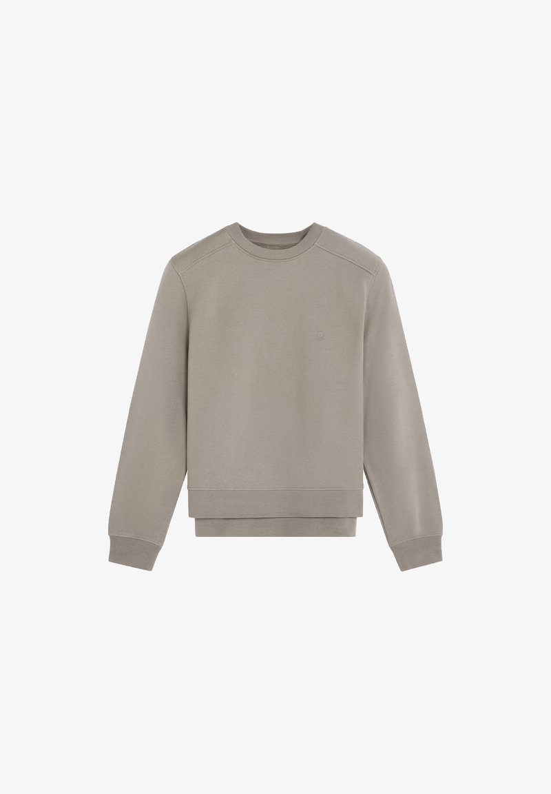 Effen lichtbruin sweatshirt met ronde hals, lange mouwen en geribde manchetten, plat weergegeven op een witte achtergrond.