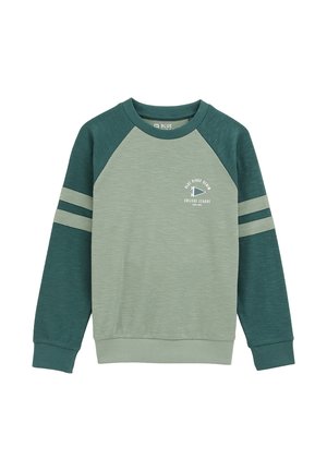 Langärmliger Sweatshirt mit hellgrüner Vorderseite, dunkelgrünen Raglanärmeln und Streifen sowie weißem College-Liga-Logo auf der Brust.