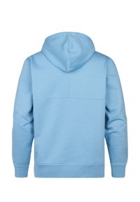 Sudadera con capucha de color azul claro, textura suave, puños y dobladillo acanalados, diseño sencillo y sin patrones visibles ni detalles de hardware.