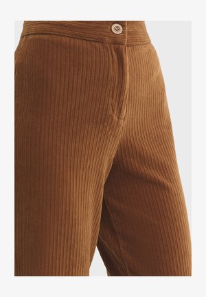 Pantalon en velours côtelé marron avec une texture à côtes verticales, doté d'une fermeture à bouton à l'avant et de poches latérales. Le tissu semble doux et résistant.