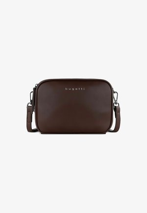 Brown leather crossbody bag with a smooth texture, rectangular shape, front zip, and silver hardware. Features "bugatti" logo prominently displayed.