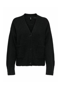 Cardigan nero realizzato in materiale soffice, con scollo a V, maniche lunghe, chiusura frontale con bottoni e due tasche frontali.