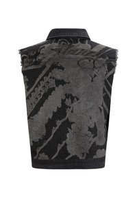 Gilet in denim a maniche corte di colore nero con un motivo floreale in grigio chiaro, caratterizzato da un orlo sfrangiato e dettagli sul colletto.
