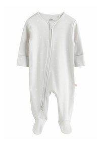 Grå babybody i mjukt material, med full dragkedja, långa ärmar, fötter, och ett litet stjärnmönster över hela.