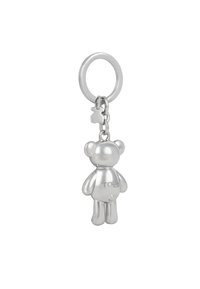 Llavero en forma de oso de peluche plateado con una textura lisa y brillante, con orejas y brazos circulares, adjunto a un anillo de metal con un pequeño encanto de estrella.