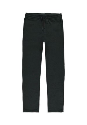 Zwarte trainingsbroek van zacht materiaal, met een elastische tailleband en een verstelbaar trekkoord, en twee zijzakken.