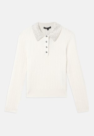 Bela pletena dolgo rokav sweater z ovratnikom posutimi s biserom in štirimi črnimi dekorativnimi gumbi na sprednjem delu.