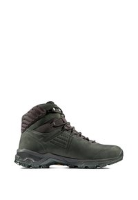 Scarponi da trekking in pelle grigio scuro con accenti testurizzati. Presentano una collo imbottito, chiusura con lacci e suola in gomma robusta per una migliore aderenza.