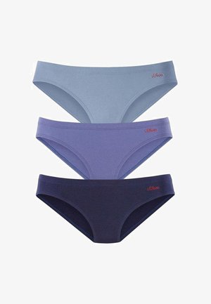 Three women's bikini-style underwear in light blue, medium purple, and dark navy, each with a small red embroidered logo on the front.