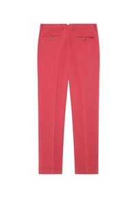 Rote maßgeschneiderte Hosen mit geradem Bein, ausgestattet mit zwei Gesäßtaschen, doppelten Knopfdetails und einer glatten Baumwollstoff-Oberfläche.