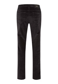 Sorte kordfløjlsbukser med slim fit, der har fem lommer, et mærket bælte og en struktureret ribbet overflade.