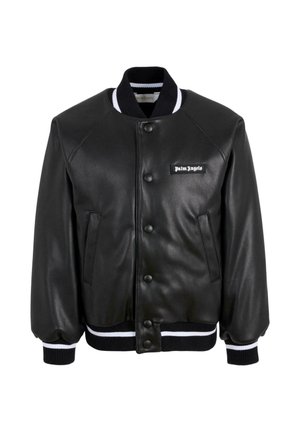 Giacca varsity nera in pelle con bottoni a pressione, polsini e colletto a coste, caratterizzata da una toppa logo bianca sul lato sinistro del petto.