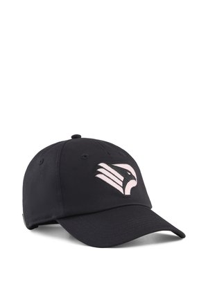 Sort baseballkasket med buet skygge og hvidt stiliseret høge-logo broderet på frontpanelet.