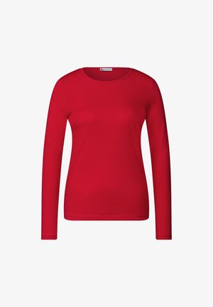 Maglietta rossa a maniche lunghe in cotone elasticizzato. Presenta un collo a giro, una silhouette aderente e una texture liscia. Nessun motivo o dettaglio visibile.