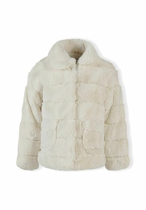 Veste en fausse fourrure blanche pelucheuse avec manches longues, col montant et fermeture zippée à l'avant.