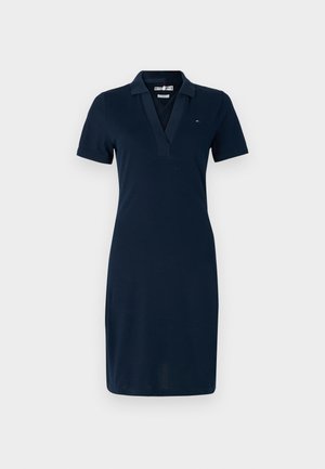 Vestido tipo polo azul marino de manga corta con cuello, escote en V y pequeño logo en el pecho izquierdo.