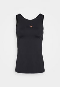 Svart ärmlös linne i stretchmaterial, med rund halsringning och en liten orange och svart logotyp på framsidan. Åtsittande design.