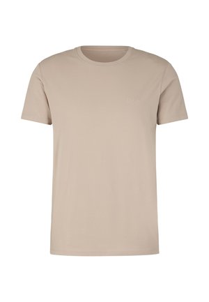 Beige T-shirt met korte mouwen van katoen. Heeft een ronde halslijn en een klein, verdiept logo aan de linkerkant. Soepele textuur.