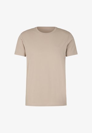 Beige T-shirt met korte mouwen van katoen. Heeft een ronde halslijn en een klein, verdiept logo aan de linkerkant. Soepele textuur.