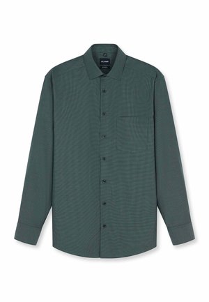 Camicia verde scuro a maniche lunghe con bottoni, colletto appuntito e taschino sul petto a sinistra.