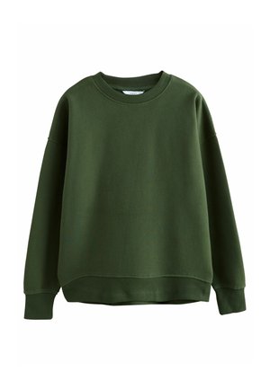 Green sweatshirt made of soft fabric, featuring a crew neckline, dropped shoulders, and ribbed cuffs and hem for a relaxed fit.