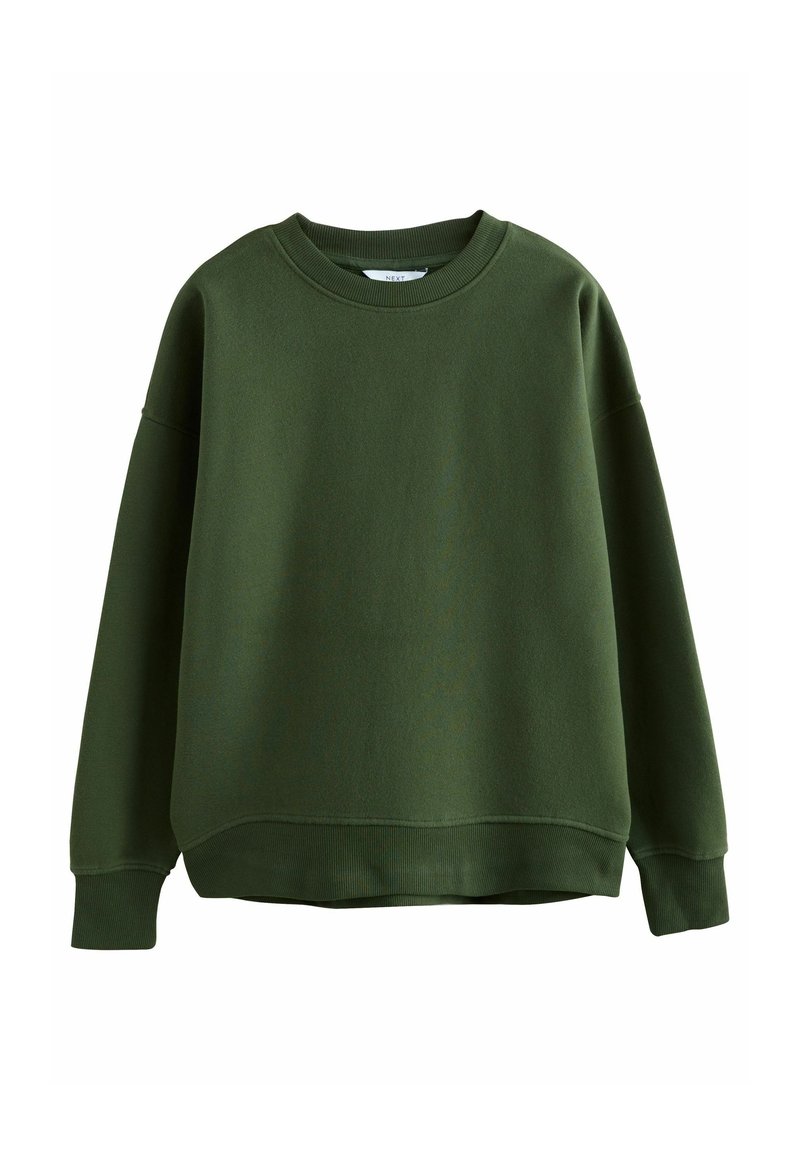 Sudadera verde hecha de una tela suave, con un escote redondo, hombros caídos y puños y dobladillo acanalados para un ajuste relajado.