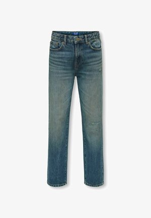 Bleka blå denimjeans med rak benform, som har knappstängning, fem fickor och lätt slitage på tyget.