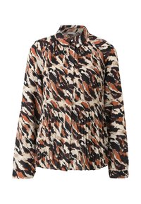 Blusa a maniche lunghe plissettata in un motivo astratto nei toni del beige, nero e ruggine. Presenta un colletto con bottoni e un tessuto testurizzato.