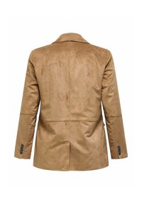 Brauner Blazer aus Kunstwildleder, strukturiertes Design, einfacher Schlitz hinten und geknöpfte Manschetten. Glatte Textur mit matter Oberfläche.