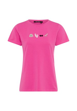 Pink T-shirt with round neck featuring small icons of a bucket hat, flip-flops, sunglasses, and a lounge chair across the chest.