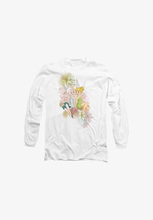 Langärmliges weißes Hemd mit einer bunten Illustration von zwei Feen zwischen Blumen, mit dem Text "Nahe der Natur."