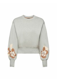 Obcisły sweter w jasnoszarym kolorze z szerokimi rękawami, zdobiony kwiecistym wzorem w ziemistych odcieniach na mankietach oraz prążkowanym dekolcie i dolnej krawędzi.