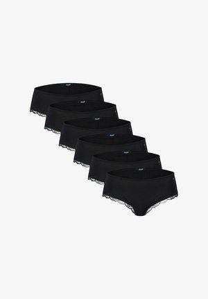 Set di cinque slip hipster con rifiniture in pizzo nero, realizzati in tessuto morbido dalla finitura liscia e con un logo decorativo sulla fascia in vita.