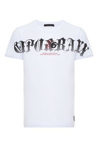 Weißes Baumwoll-T-Shirt mit großem schwarzem und rotem Grafiktitel und einem Totenschädel-Design. Kurze Ärmel und klassische Rundhalsform.