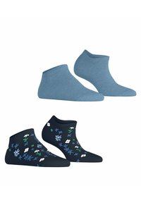 Twee paar enkelsokken: één paar is lichtblauw, het andere paar is marineblauw met een bloemenpatroon in wit, blauw en groen. Zacht, rekbaar materiaal.
