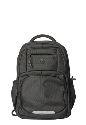 Mochila negra de la marca Koroshi con múltiples compartimentos con cremallera, bolsillo lateral, asa superior y pequeño logo de hoja en el bolsillo delantero.