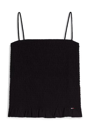 Μαύρο αμάνικο τοπ με ραντάκια, με ελαστική ραφή στο στήθος, λεπτές τιράντες και μικρό βολάν στο τελείωμα, με ένα μικρό ορθογώνιο λογότυπο κοντά στο κάτω άκρο.