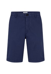 Pantaloni corti blu navy realizzati in tessuto testurizzato, con vestibilità regolare, passanti per cintura, chiusura con bottone e tasche laterali.