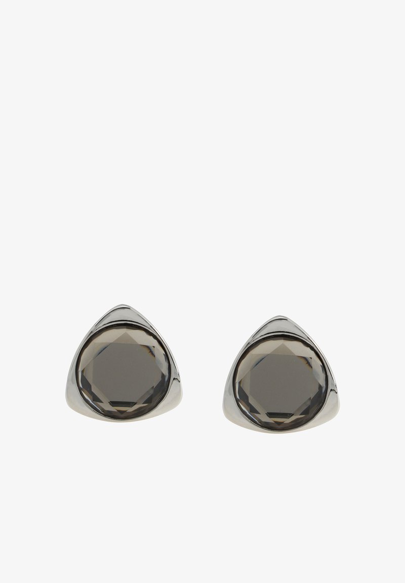 Silver-tone triangular stud earrings featuring large, faceted smoky gray stones with a smooth finish.