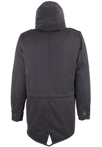 Lång, mörkgrå jacka med huva, med rak passform, subtila sömdetaljer och knapprar på ärmarna.