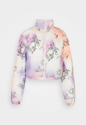 Gekürzte Steppjacke in Pastellfarben mit Grafiken von Palmen und Sonne. Verfügt über einen Frontreißverschluss und elastische Bündchen an den Ärmeln und am Saum.