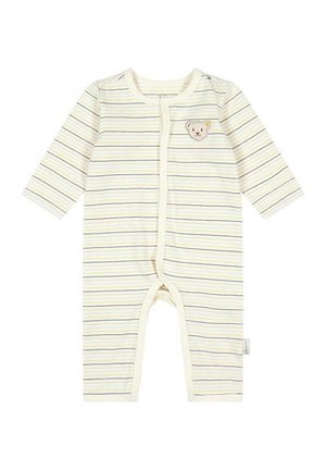 Striped baby onesie in cream with thin blue and yellow stripes, long sleeves, front snap closure, and a bear patch on the chest.