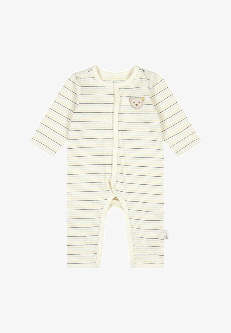 Body pour bébé rayé en crème avec de fines rayures bleues et jaunes, à manches longues, fermeture à pression sur le devant, et un patch ours sur la poitrine.